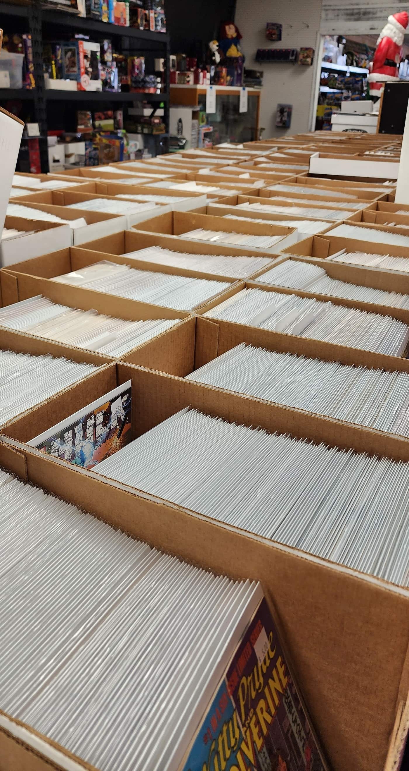 Comic book long boxes to dig through at East Carolina Collectibles
