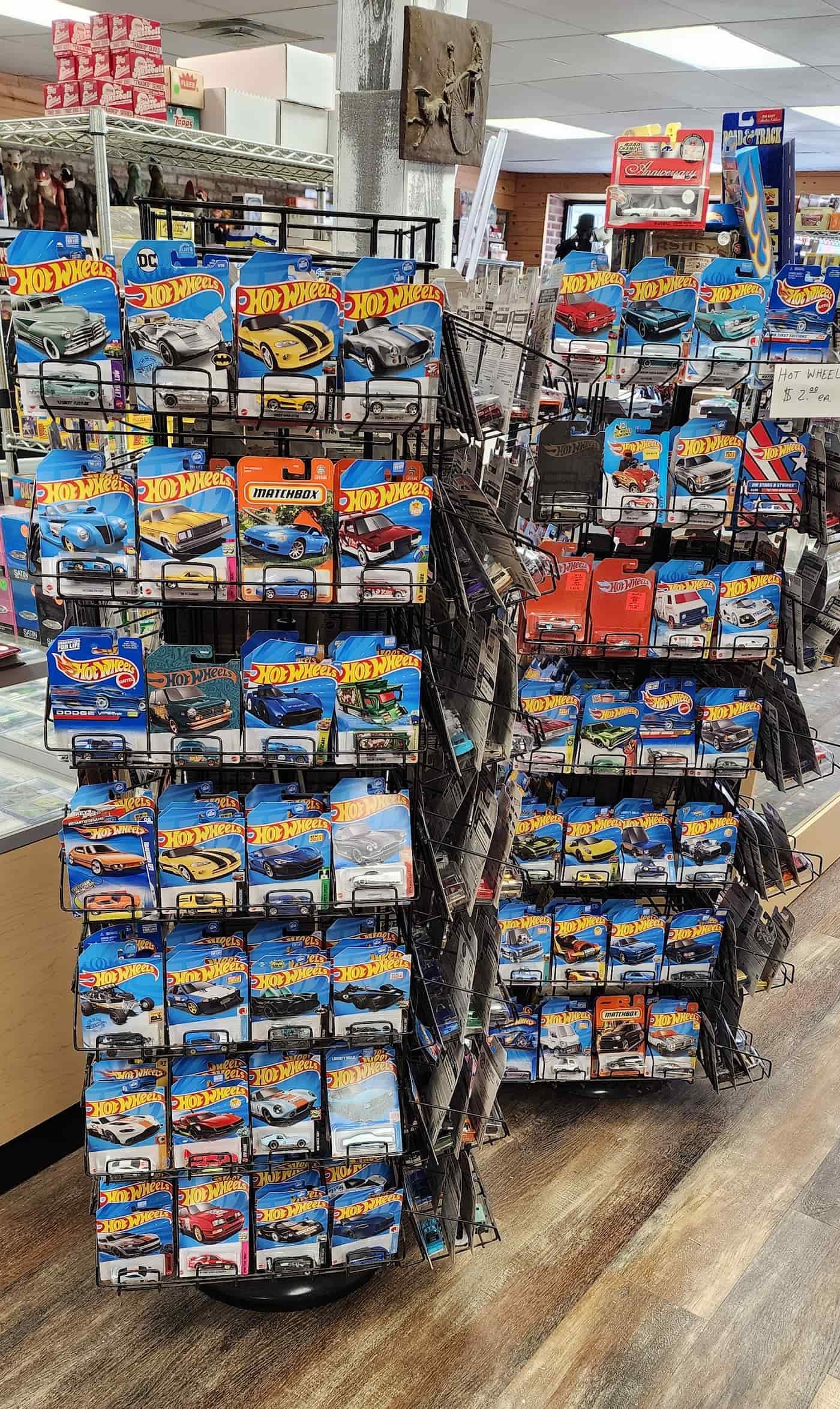Toy shelves and Hot Wheels spinner racks at East Carolina Collectibles